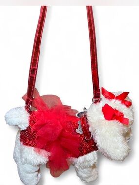 Plush Puppy Crossbody Bag in White and Red